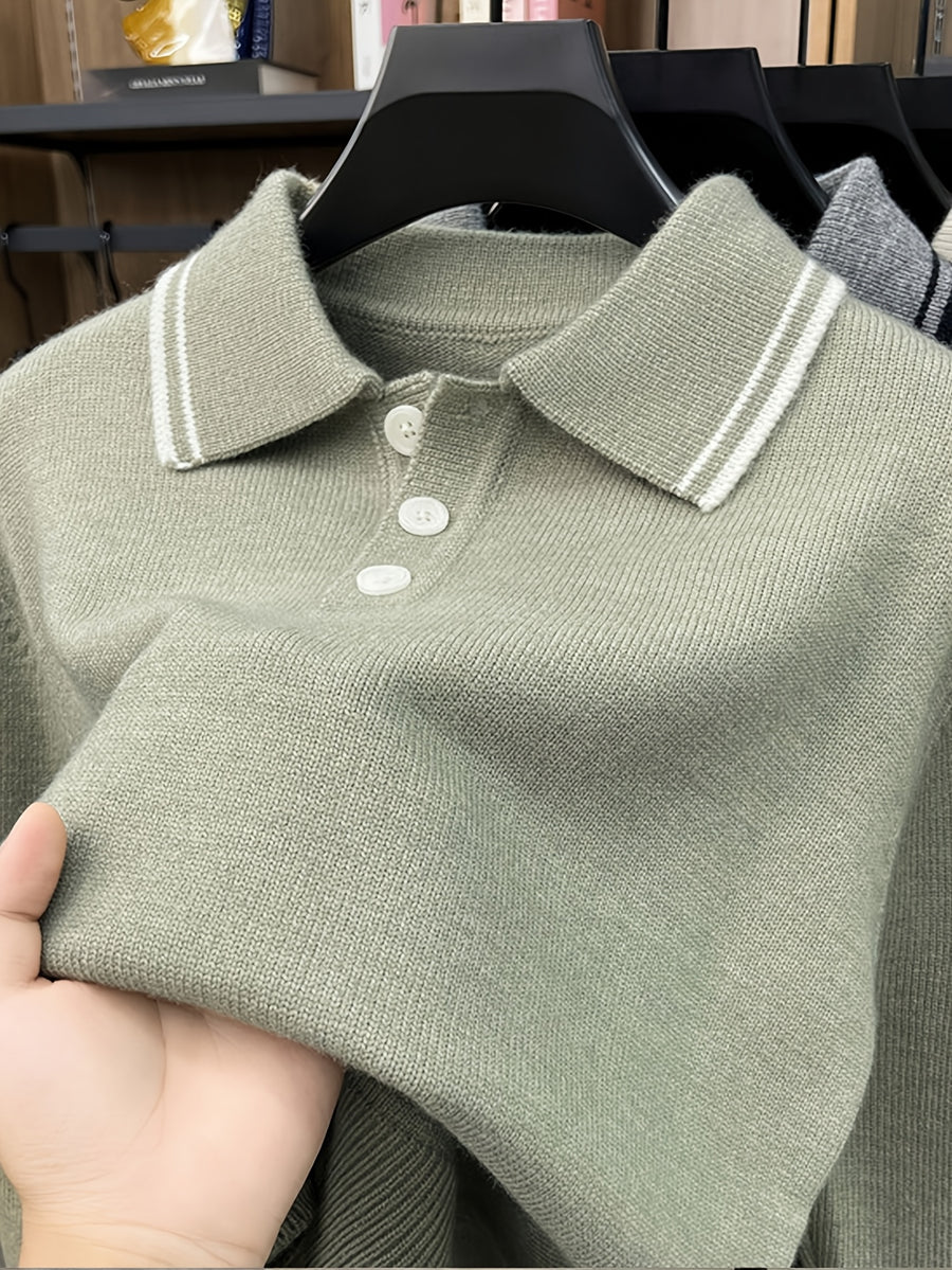 Men'S Lapel Long Sleeve Knit Sweater, Ribbed Cuffs And Hem, Versatile for Casual And Business Wear - Light Green