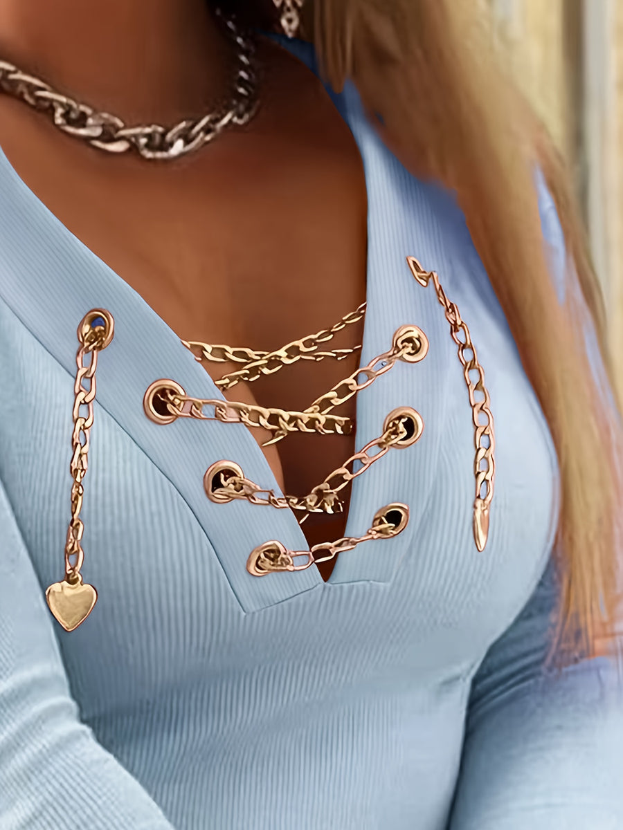 Ladies' V-Neck Stylish And Elegant Long-Sleeve T-Shirt with a Crossover Chain Design - Sky Blue