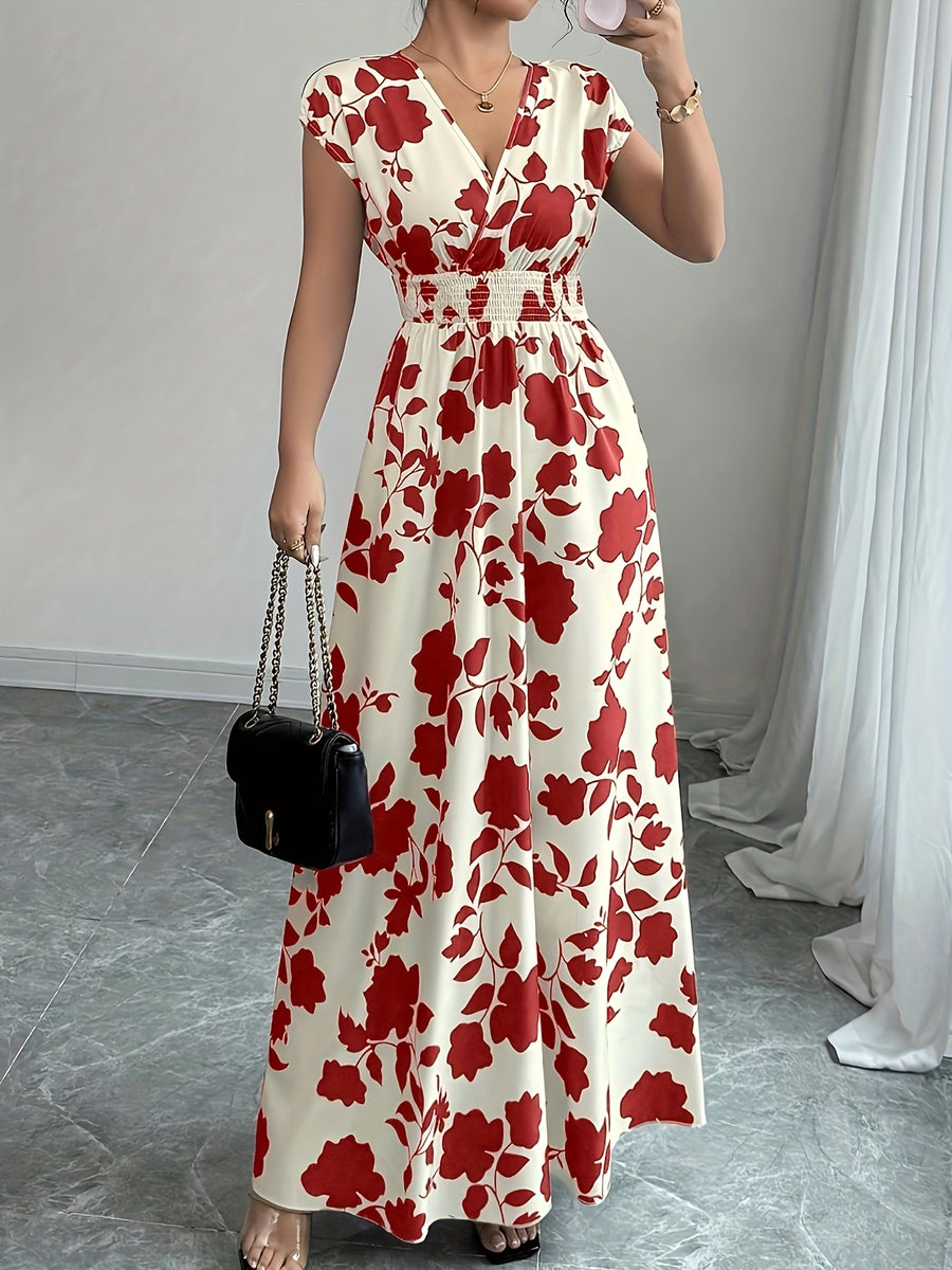 Elegant Pink Floral Maxi Dress with V-Neck and Short Sleeves - Flowing A-Line Silhouette, Cinched Waist, Perfect for Spring/Fall, Casual to Formal Wear, Casual Elegant Wear | Floral Print Dress | Cinched Waist Design - Red