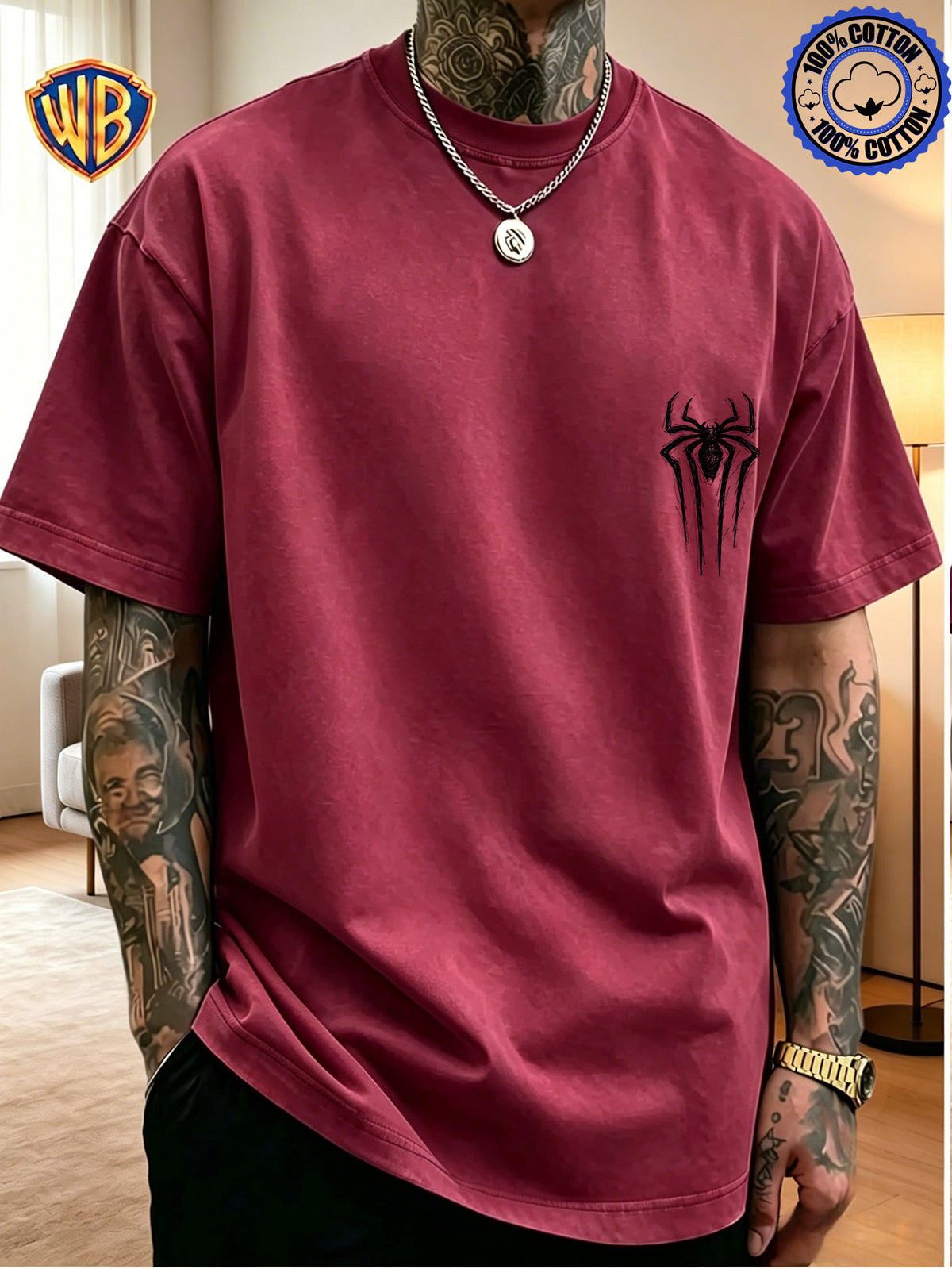 Unisex T-shirt Featuring a Niche Dark Aesthetic with Hand-painted Front and Back Dual-position Combination Prints, Creating a Low-key, Cool, Eye-catching, and Trendy Campus Style - Burgundy
