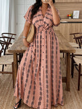 Plus Size Pink Geometric Print Shirt Dress, Women'S Short Sleeve Tie Front Maxi Dress, Casual Button A-Line Dress for Curvy Ladies 2026SS - Pink Color