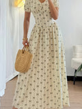 Women'S Elegant Floral Maxi Dress - Flowy A-Line Formal & Casual Outfit, Floral Print, V-Neck Long Dress for Parties, Office - Apricot