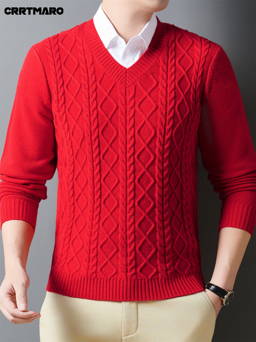 Cartama CRRTMARO Autumn/Winter Knitted 3D Solid Color V-Neck Sweater, Basic Thickened Pullover, Men's Fashion Knitwear Long Sleeve HH - Bright Red