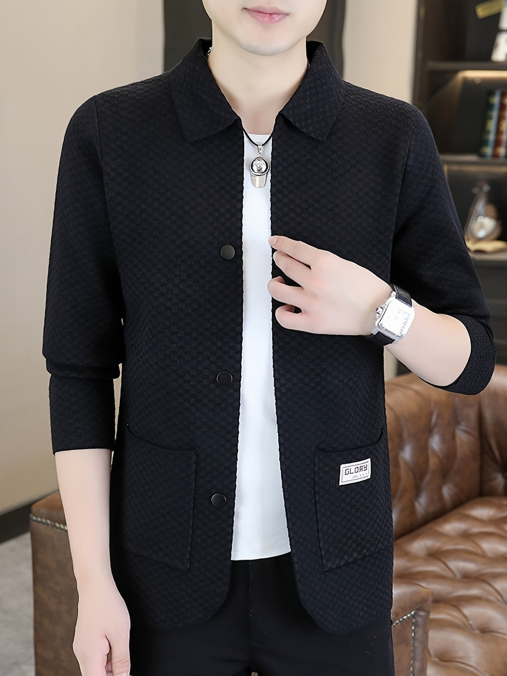 Du Jing Lan OBM Men's Autumn/Winter New Arrival Knitted Cardigan, Old Money Style Contrast Color Lapel Pocket Open Front Single-Breasted Knit Cardigan, Men's Business Casual Fashion Open Front Knit Cardigan Top, Contrast Color Checkered Design - Black