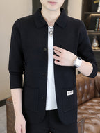 Du Jing Lan OBM Men's Autumn/Winter New Arrival Knitted Cardigan, Old Money Style Contrast Color Lapel Pocket Open Front Single-Breasted Knit Cardigan, Men's Business Casual Fashion Open Front Knit Cardigan Top, Contrast Color Checkered Design - Black