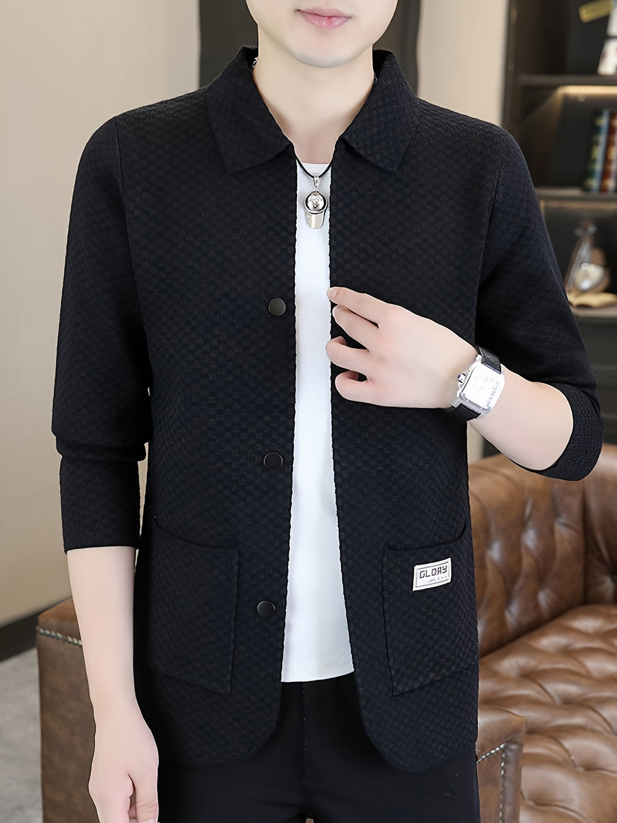 Du Jing Lan OBM Men's Autumn/Winter New Arrival Knitted Cardigan, Old Money Style Contrast Color Lapel Pocket Open Front Single-Breasted Knit Cardigan, Men's Business Casual Fashion Open Front Knit Cardigan Top, Contrast Color Checkered Design - Black