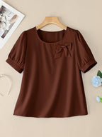 Elegant Casual Square Neck Short Sleeve Shirt with Bow and Puff Sleeves, Solid Color Top - Dark Brown