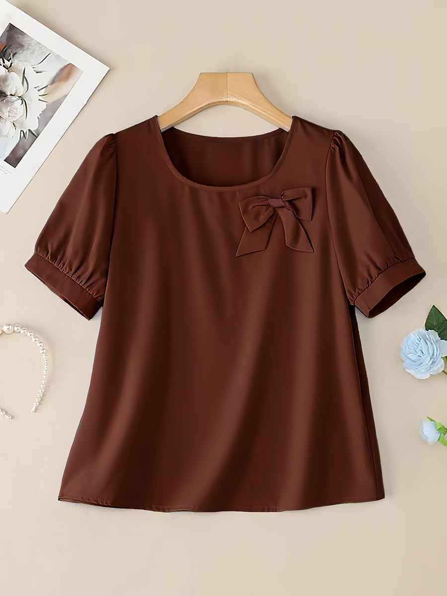 Elegant Casual Square Neck Short Sleeve Shirt with Bow and Puff Sleeves, Solid Color Top - Dark Brown