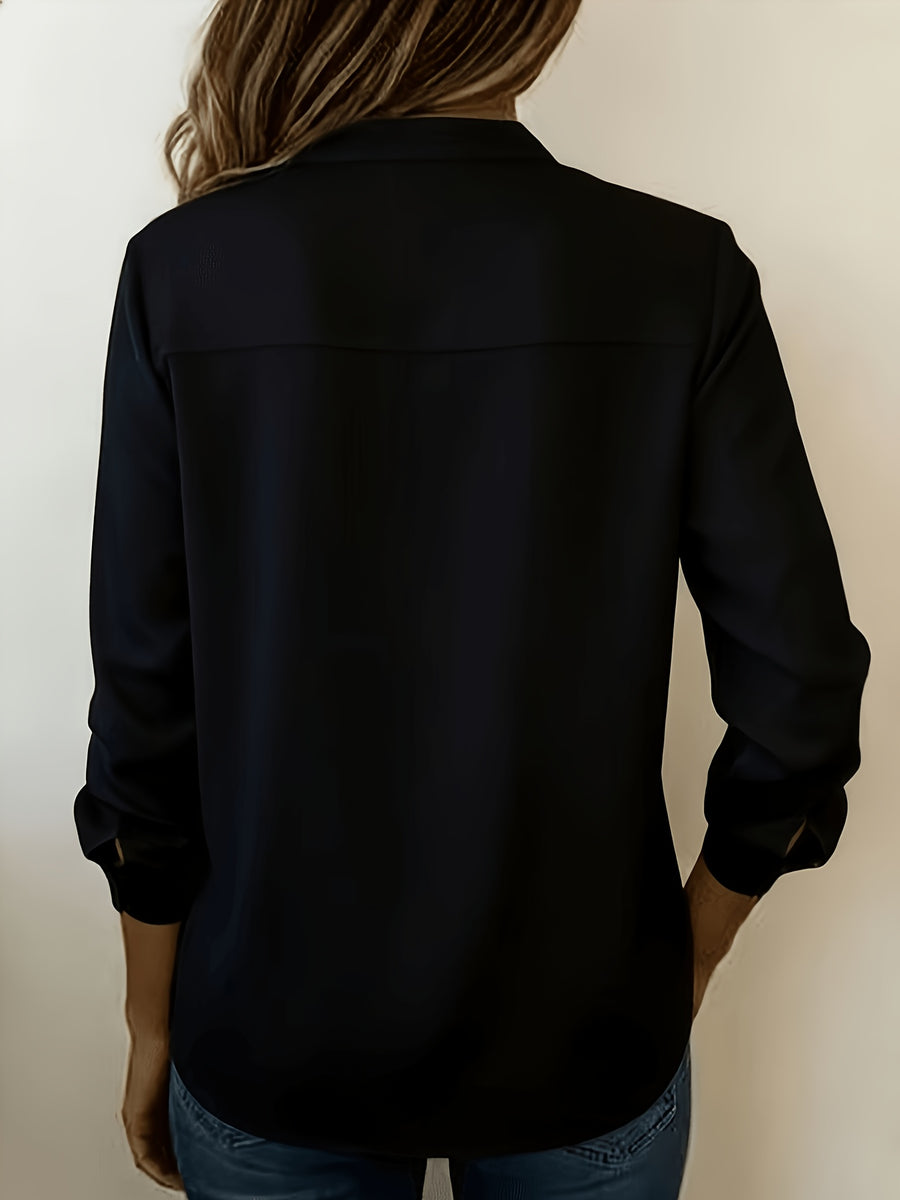 Women'S Elegant New Solid Color Minimalist Small Lapel V-Neck Long Sleeve Shirt, Women'S Top for Daily Commute, Easy And Versatile Blouse, ZLLZ - Black