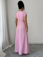 Women's V-neck Sleeveless Midi Dress, Textured Fabric, Cinched Waist Design, Elegant Vacation Style, Spring/summer Collection - pink color
