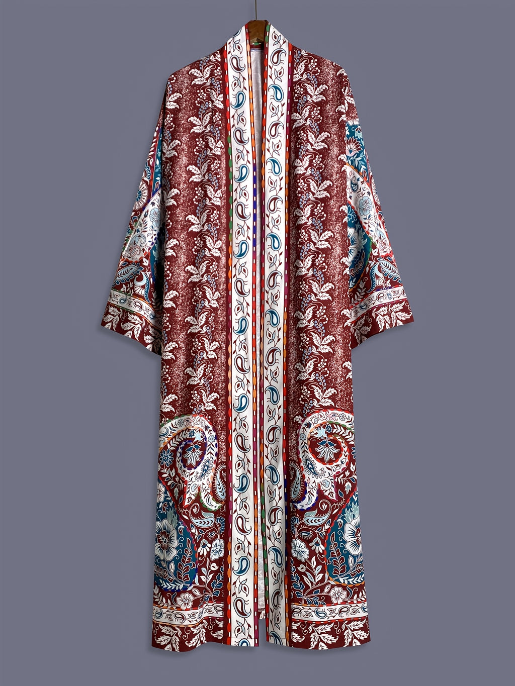 Ethnic Vintage Paisley Floral Print Midi-Length Long Sleeve Kimono Cardigan for Women, Elegant Party Streetwear Casual Cover-Up, Loose Outerwear for Beach, Sand, Travel, Resort Wear, Thin Cape, Home Bathrobe with Belt, Bath Kimono, Group Party - Dark Brown