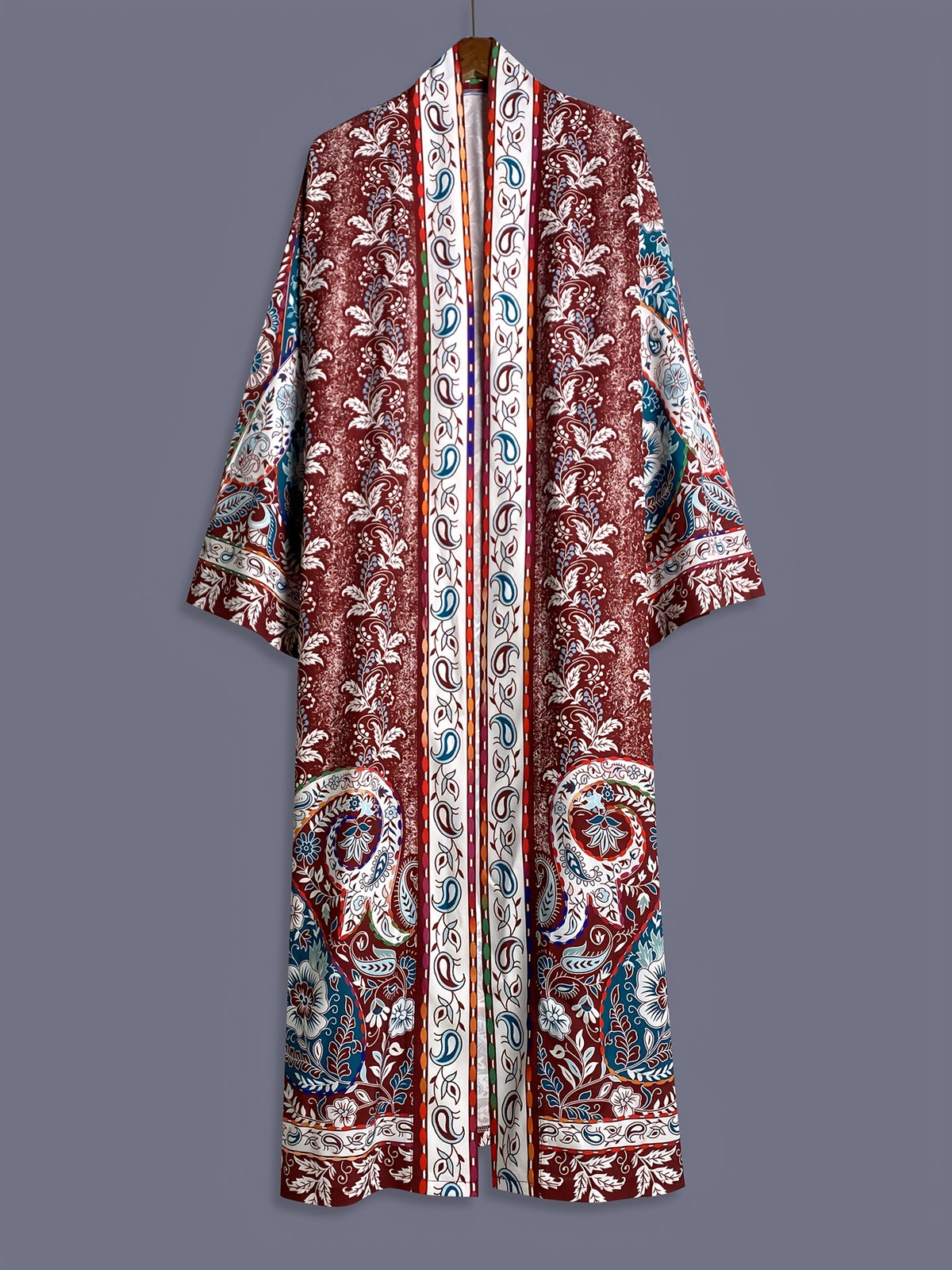Ethnic Vintage Paisley Floral Print Midi-Length Long Sleeve Kimono Cardigan for Women, Elegant Party Streetwear Casual Cover-Up, Loose Outerwear for Beach, Sand, Travel, Resort Wear, Thin Cape, Home Bathrobe with Belt, Bath Kimono, Group Party - Dark Brown