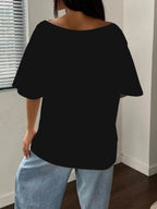 Women's Off-Shoulder Short Sleeve T-Shirt - Breathable Stretch Fabric Oversized Loose Fit Top with Off-Shoulder Neckline & Lettering Print, Soft Suitable for Spring Summer Beachwear, Casual Blouse for Layering - Black