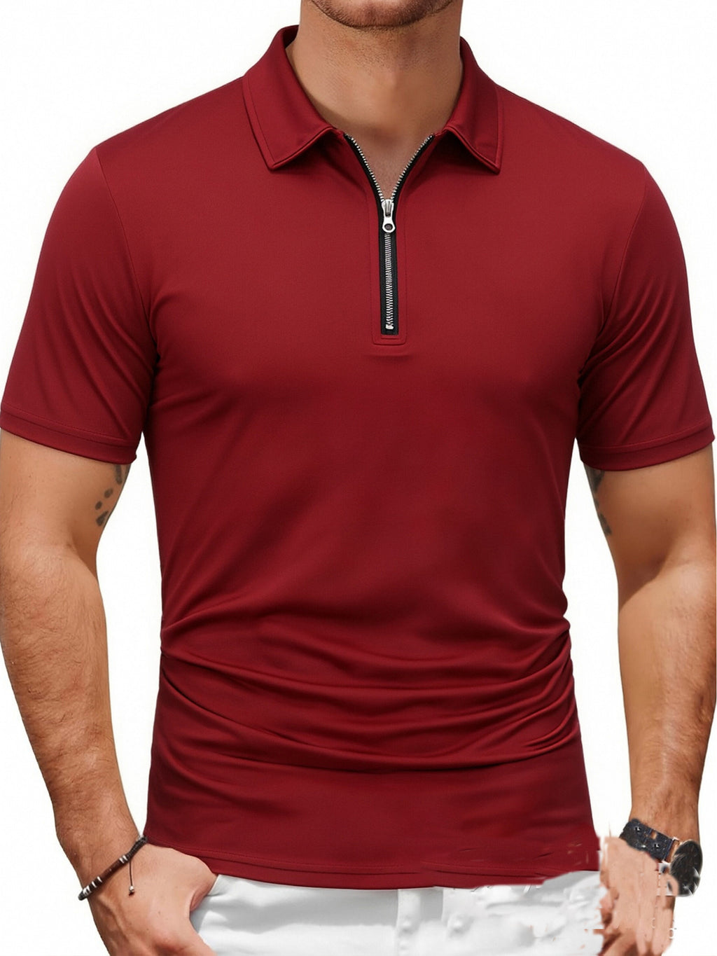 Three-pc Men's Sporty Outdoor Casual Lapel Solid Color Breathable Polo Shirts for High-End Occasions - Army Green + Red + Coffee Brown