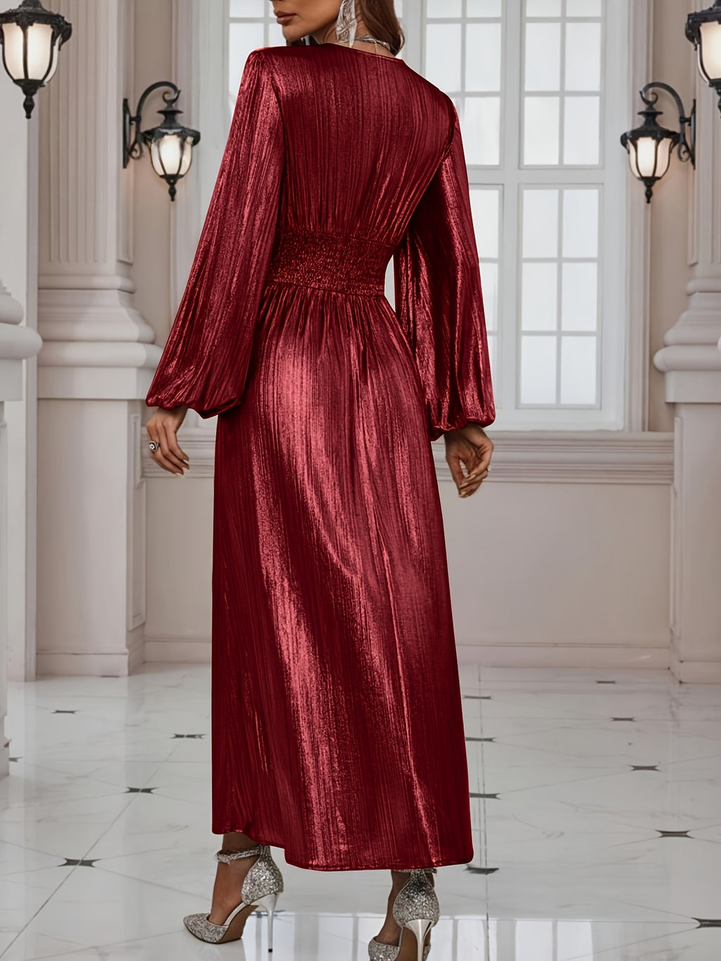 Cat Ears" Women's Fashion V-Neck Long Split Dress - Deep Red