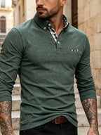 EnglishContrast Pocket Long Sleeve Collared Polo Stretch Slim Fit Business Casual Men T Shirt - Olive Green