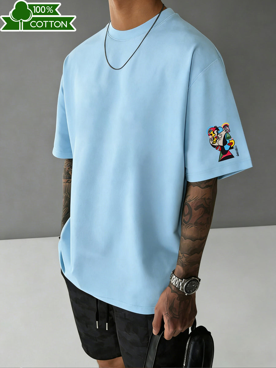 Summer High-Quality Fine Stitching Pure Cotton Casual Three-Dimensional Color-Block Picasso-Style Abstract Face Illustration Short-Sleeve Simple Streetwear Brand Printed Fashion Sporty Trendy Versatile Half-Sleeve Breathable T-Shirt Comfortable Home - Light Blue