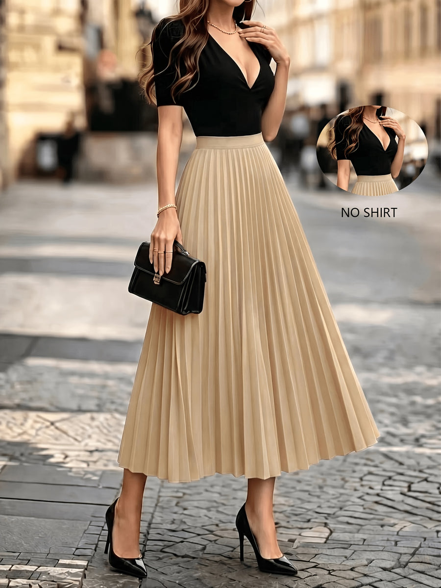 1pc Women's Skirt, Spring/autumn Solid Color Stretch Waist Sun Pleat A-line Skirt - Khaki