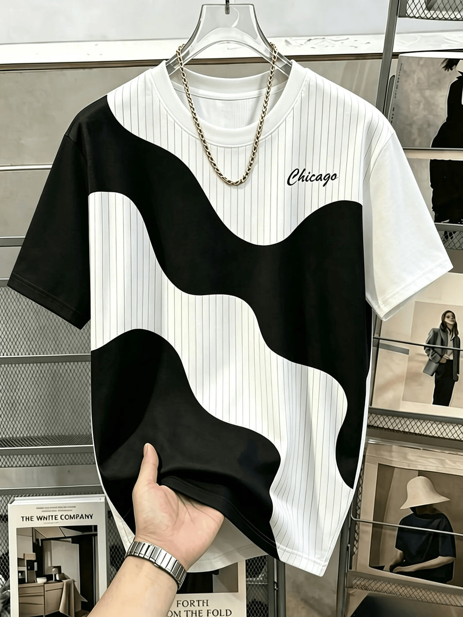 Men's Chicago-Themed T-Shirt with Iconic Chicago Lettering Print & Color-Block Stripe Design - Breathable Crewneck Short Sleeve Top, Machine Washable Durable Suitable for Teens & Adults, Casual Streetwear Gift Apparel for Chicago Outfits - Mixed colors