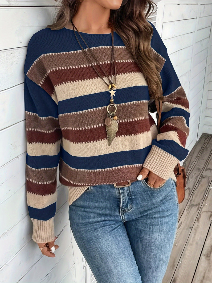 Women's Vintage Casual Sweater - Soft Medium-Stretch Round Neck Long Sleeve, Horizontal Striped Loose Fit Pullover for All-Season Comfort & Everyday Elegance, Cute Sweaters, Elegant Layering Piece, Durable Knitwear - Navy Color