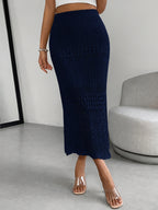 Women's Solid Color Hollow-Out Long Elegant Dress, Suitable for Summer, Spring, Summer Beach Vacation Style, Daily Casual Wear - Navy Color