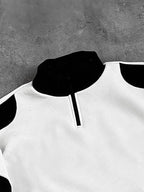 Men'S Individual Multi-Pattern Geometric Print Stand-Collar Sweatshirt, Black And White Contrast Color Patchwork Design, Quarter-Zip with Stand-Collar, Milan Element Sweatshirt - White