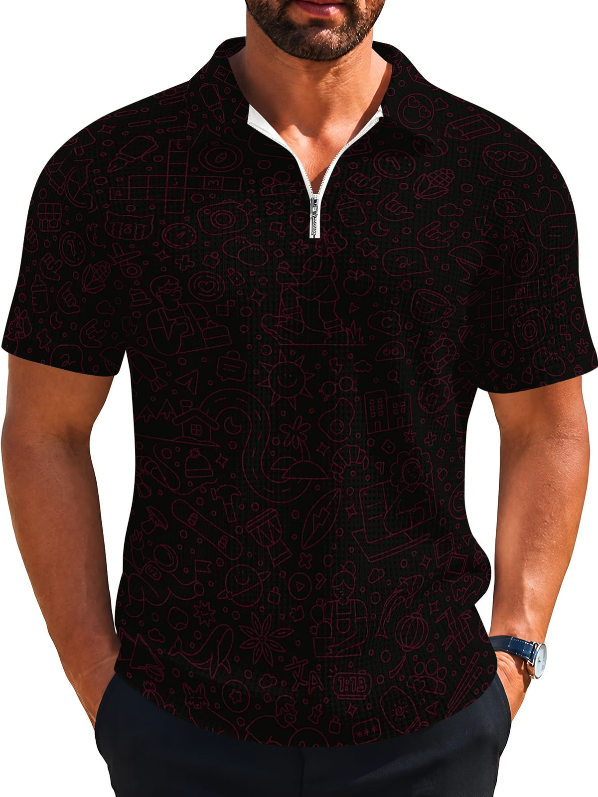 Men'S Summer Waffle-Weave Collar Short Sleeve, Half-Zip Design Casual Polo Shirt, Lightweight Breathable Daily Versatile Top - Mixed colors