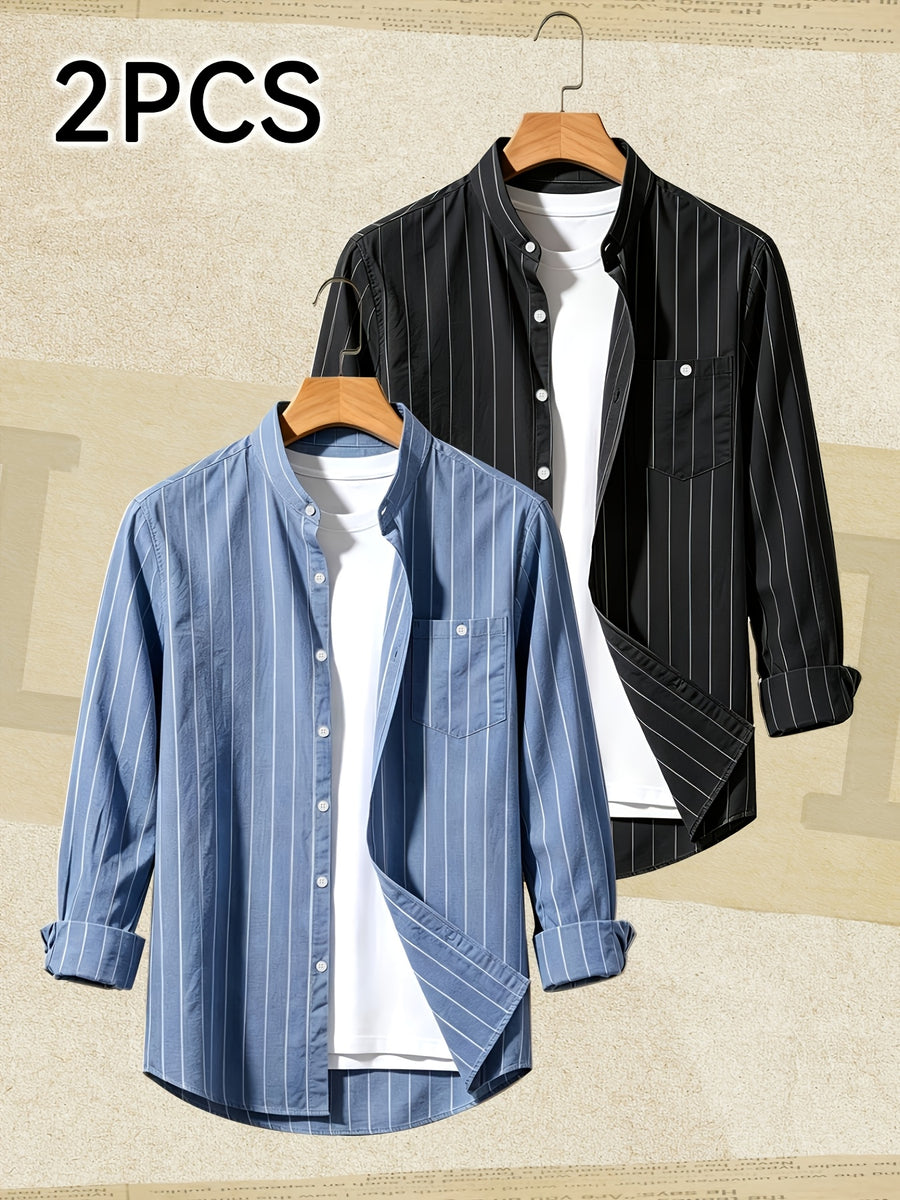 2pcs Set Stand Collar Striped Shirt; Spring/Autumn Loose Fit Casual Business Simple Versatile Top; Daily Commute Breathable 2pcs Men's Outfit - Blue+Black