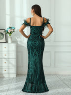Elegant Evening Dress For Women | V-Neck, Geometric-Pattern, Extra-Long, Details, All-Season - Navy Color