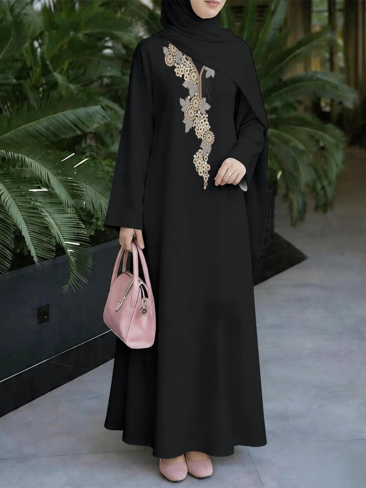 Black and Golden Floral Print Muslim Women's Robe, Elegant Middle Eastern Dubai-style Long Dress with Excellent Drape, Suitable for Prayer, Banquets, and Outings, Islamic Women's Clothing, Headscarf Accessories Not Included - Mixed colors