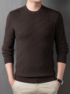 Men'S Round Neck Jacquard Sweater Spring Autumn Tight Thin Business Casual Knit Pullover Top - Coffee Color