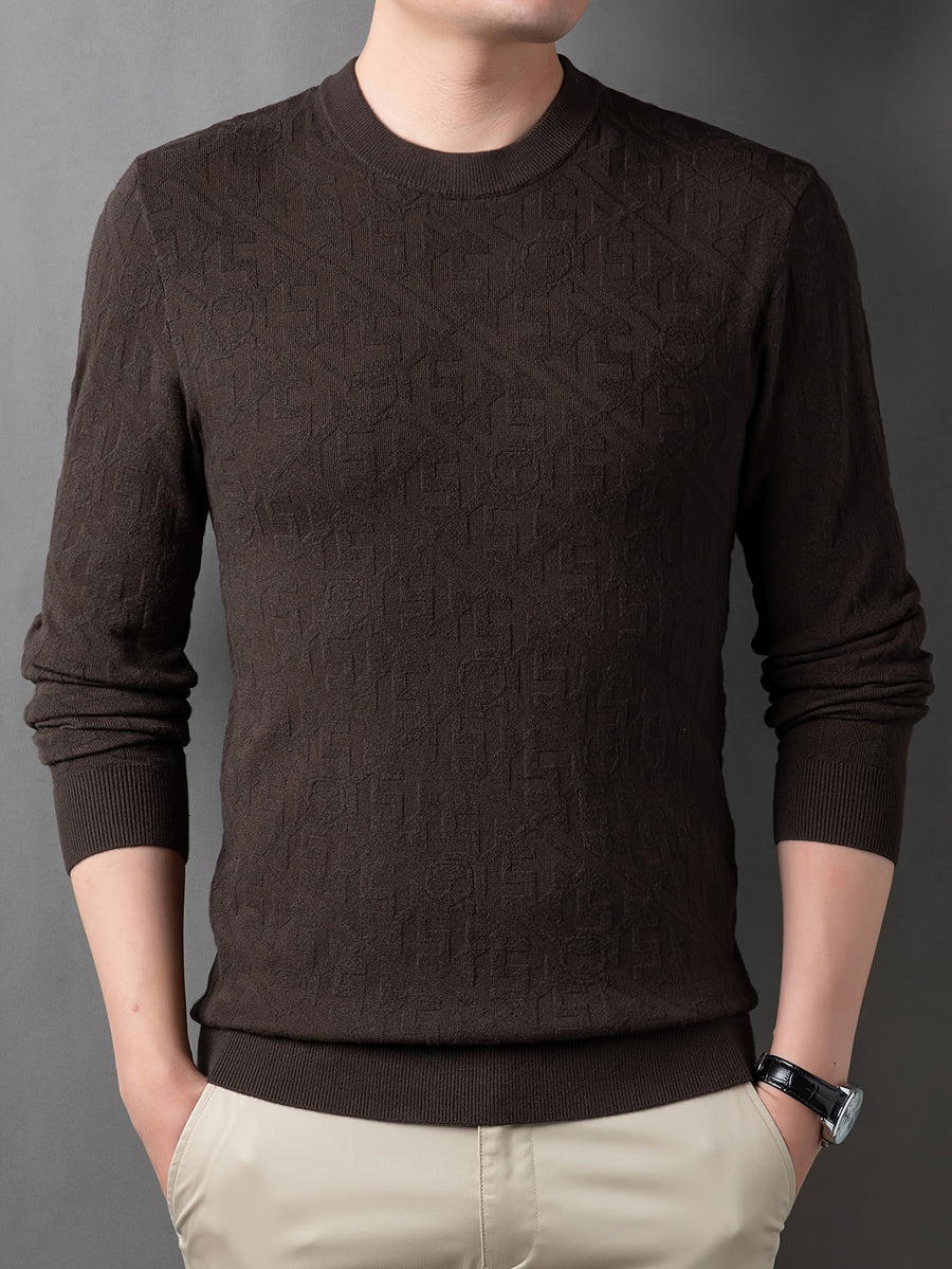 Men'S Round Neck Jacquard Sweater Spring Autumn Tight Thin Business Casual Knit Pullover Top - Coffee Color