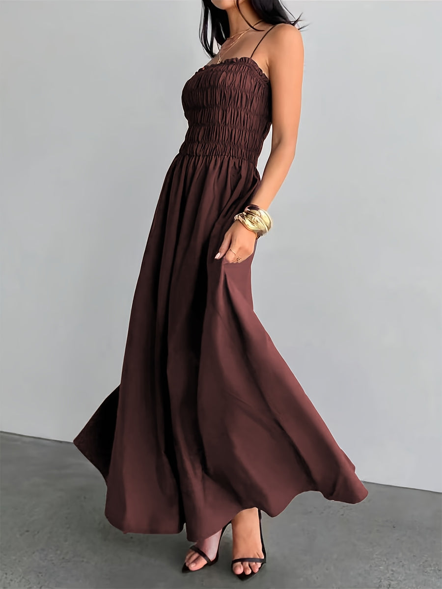 Women's Strapless Shirred Camisole Maxi Dress - High-Waisted A-Line Bridesmaid Dress with Thin Shoulder Strap & Smock Top, Solid Color Suitable for Wedding Guest Dresses, Daily Wear, Parties, Vacations, Machine Washable - Burgundy