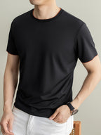 Summer Men'S Short Sleeve T-Shirt Casual Round Neck Solid Color Comfortable Cooling Breathable Polo Shirt - Black