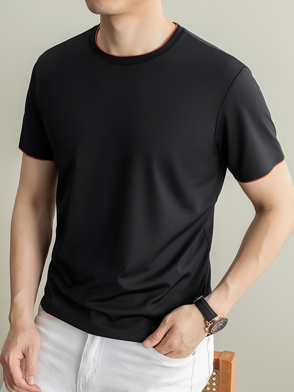Summer Men'S Short Sleeve T-Shirt Casual Round Neck Solid Color Comfortable Cooling Breathable Polo Shirt - Black