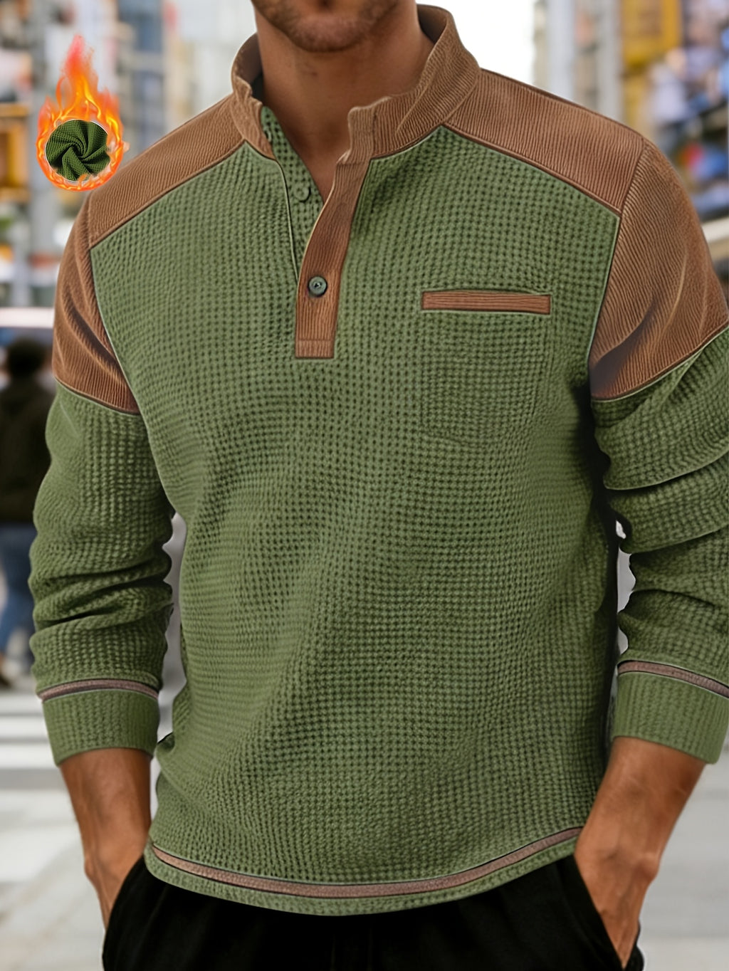 Men's American-style Casual Stand-up Collar Shirt with a Half-opening Button Placket Design, Retaining the Smart and Neat Look of a Stand-up Collar. The Addition of Two Buttons Enhances the Layered Style and Breathability. The Shoulders - Olive Green
