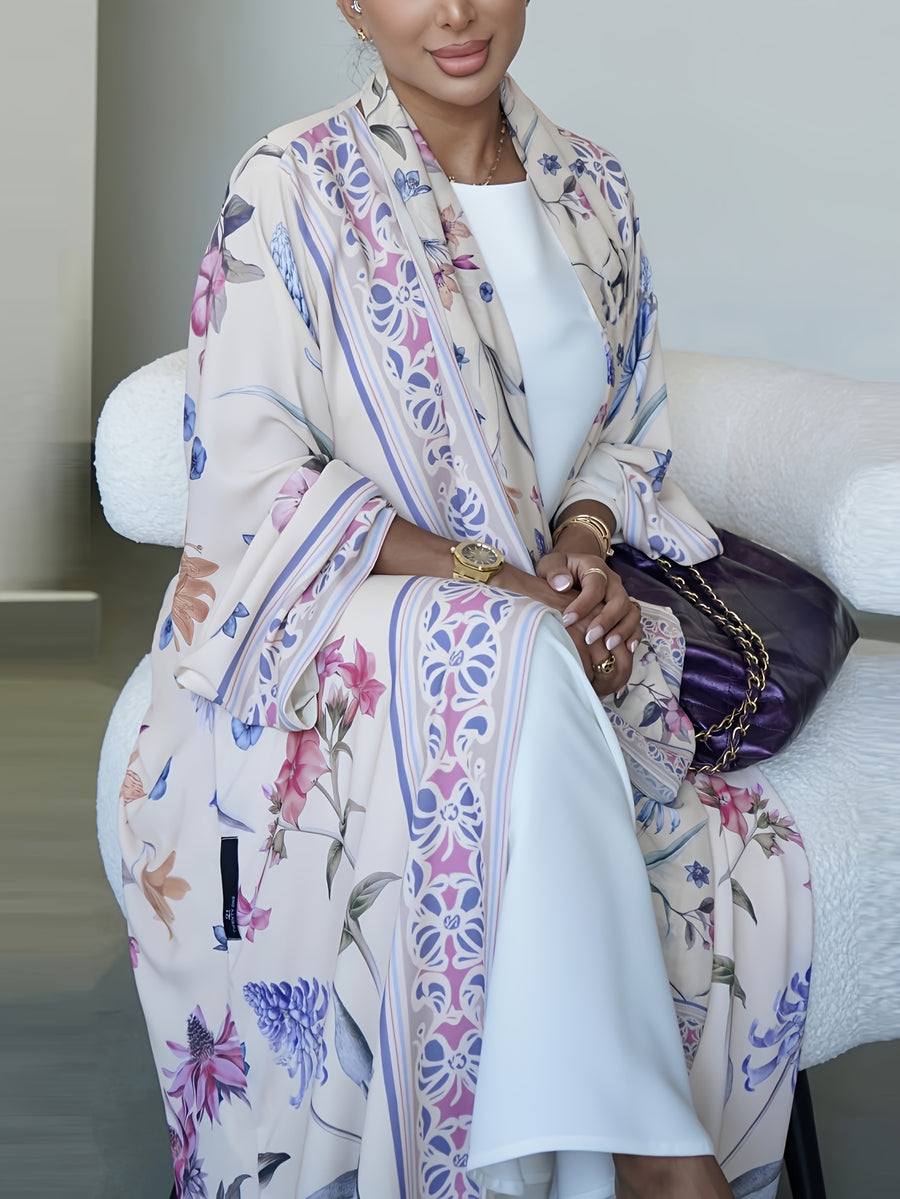 2pcs Set (Khimar And Abaya) Printed Muslim Prayer Outfit, Printed Long Cardigan Abaya And Matching Printed Headscarf Hijabs, Casual Outing Essential Fashion Item Prayer Jilbab, Women'S Abaya Robe - White