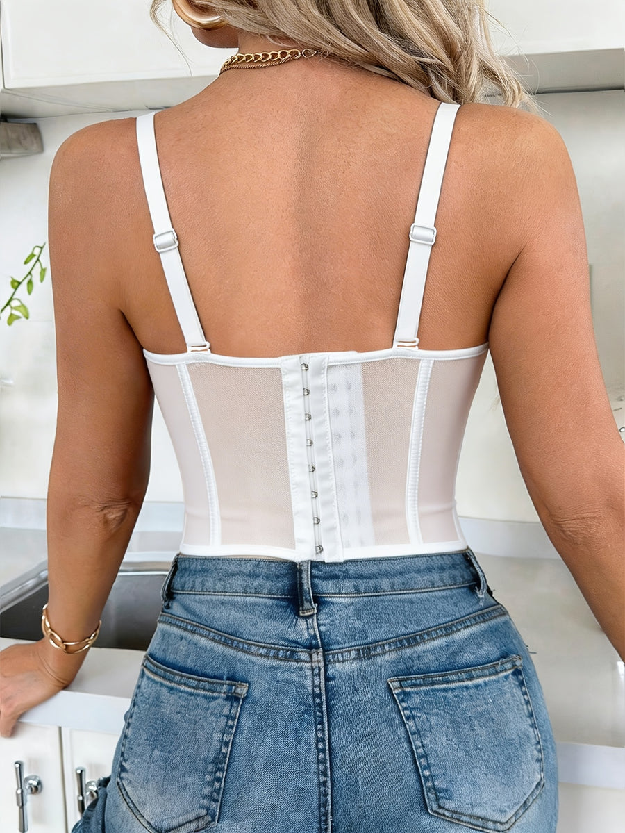 French Elegant Solid Retro Floral Lace Trim Waist-Cinching Camisole, Sexy Fishbone Cup with Underwire Bust Support And Tightening Corset, Multi-Functional Inner Wear And Outer Wear Lace Panel Cami Top, Design-Inspired Small Rhinestones, Non-Sheer - White
