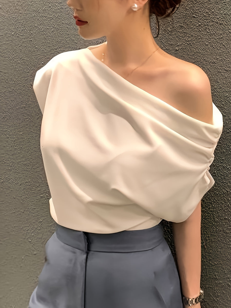 Summer New Niche Irregular Off-shoulder Design Solid Color Pullover Short-sleeve T-shirt - White