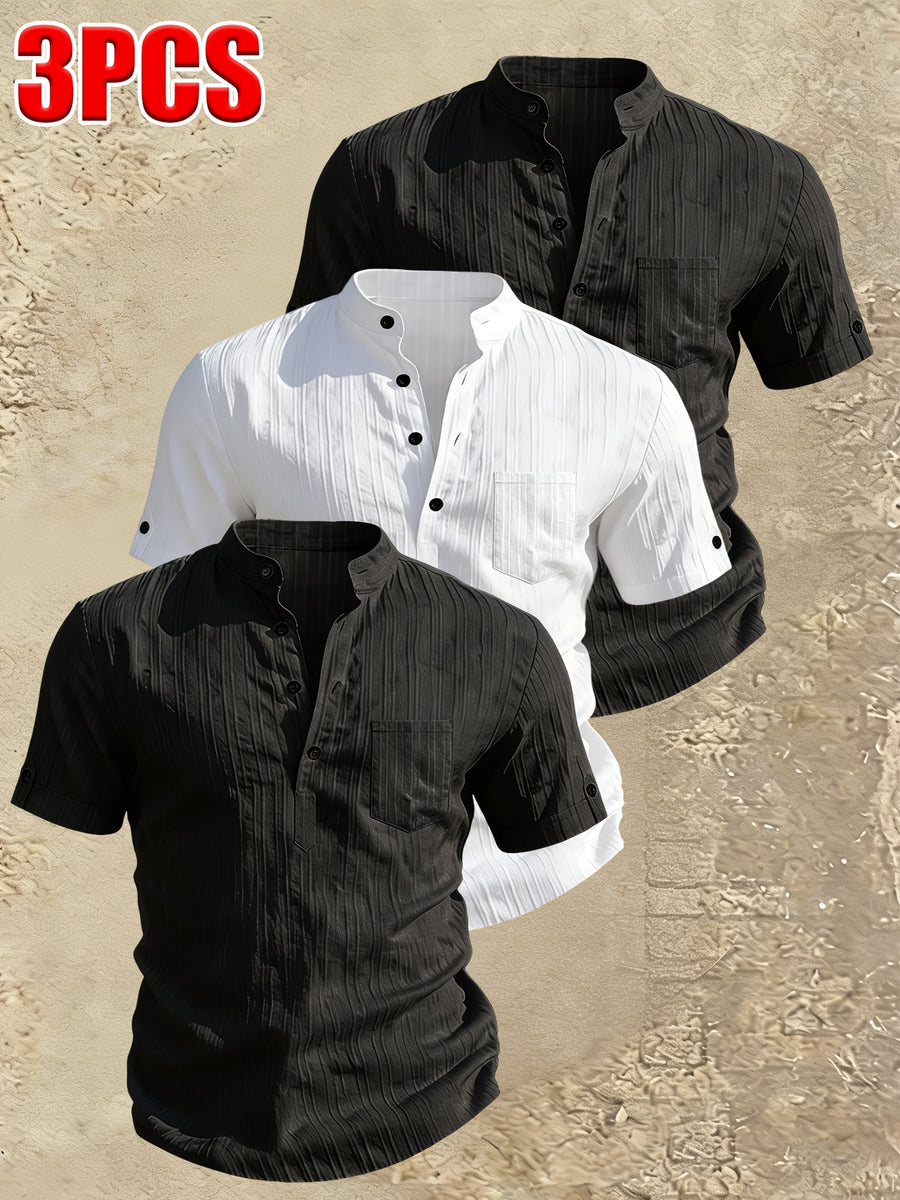 Men's Stand Collar Henley Short Sleeve Shirt 3pcs, Vertical Stripe Texture Half-Button with Pocket Top, Summer Breathable Casual Vacation 3pcs Versatile Men's Shirt Set - Black+black+white