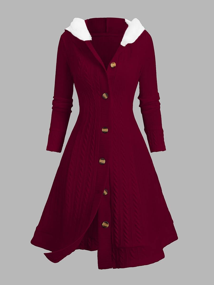 Y2K Cable Plaid Patchwork Hooded Button-Up Long Cardigan - Burgundy