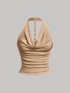 White Halter Neck Strapless Tank Top, Women's Solid Color Sexy Sleeveless Outerwear Top - Khaki