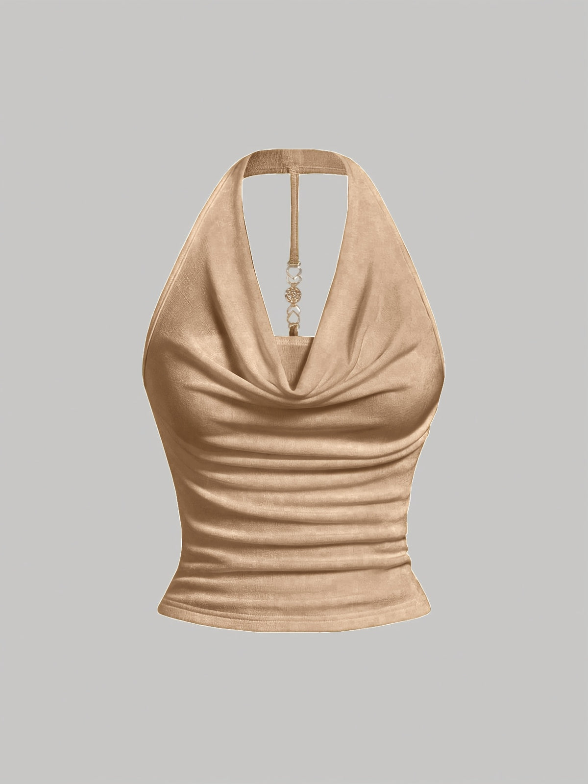 White Halter Neck Strapless Tank Top, Women's Solid Color Sexy Sleeveless Outerwear Top - Khaki