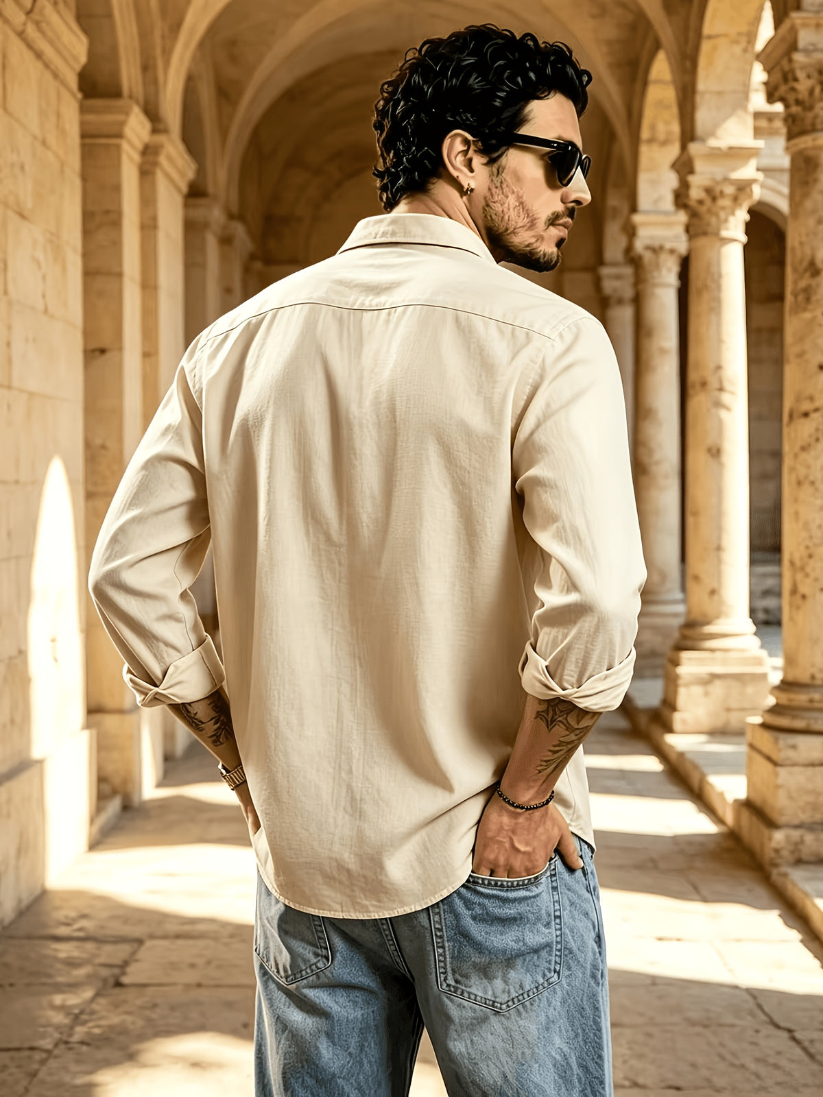 Men's Button Front Long Sleeve Shirts for Summer, Classic Solid Color Lapel Casual Work Shirts, Loose Fit Lightweight Breathable Daily Tops, Vintage Fashion Outdoor Vacation Blouses - Khaki