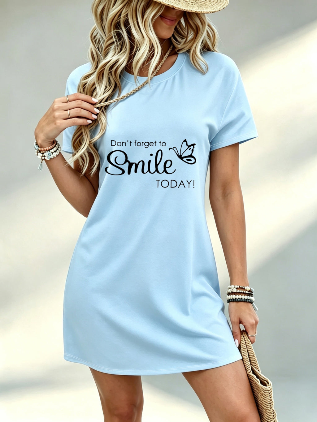 [Printed Design - Not Textured] Casual Women'S Dress, Don'T Forget to Smile Today Butterfly Print, Daily Wear, Gift for Her, 100% - Sky Blue