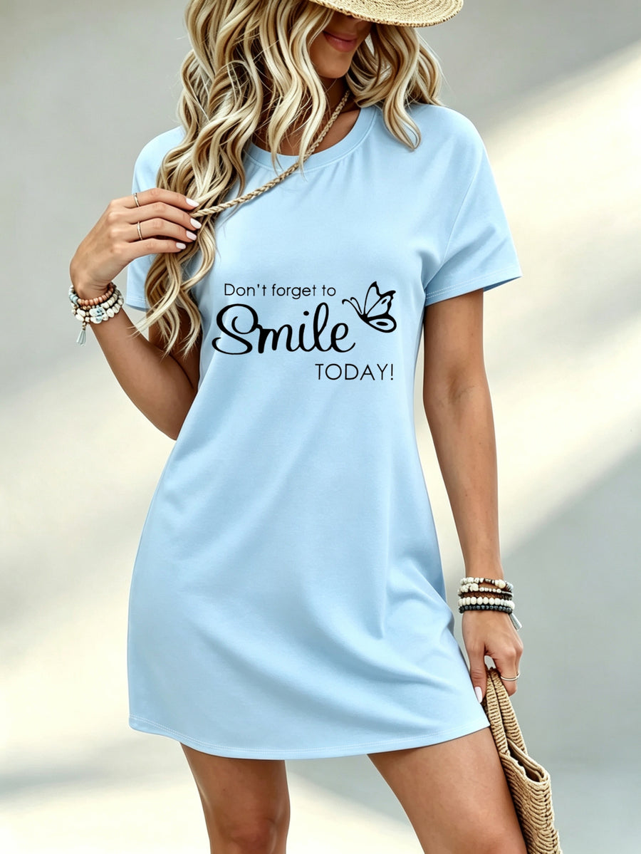 [Printed Design - Not Textured] Casual Women'S Dress, Don'T Forget to Smile Today Butterfly Print, Daily Wear, Gift for Her, 100% - Sky Blue