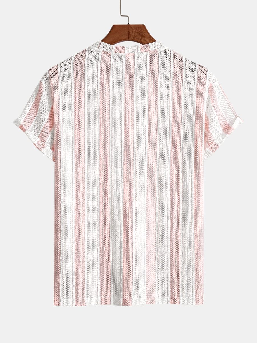Men'S Vertical Striped Textured Knit T-Shirt, Breathable Jacquard Crew Neck Short Sleeve Tee, Casual Summer Fashion Shirts for Daily Wear - Pale Pinkish Gray