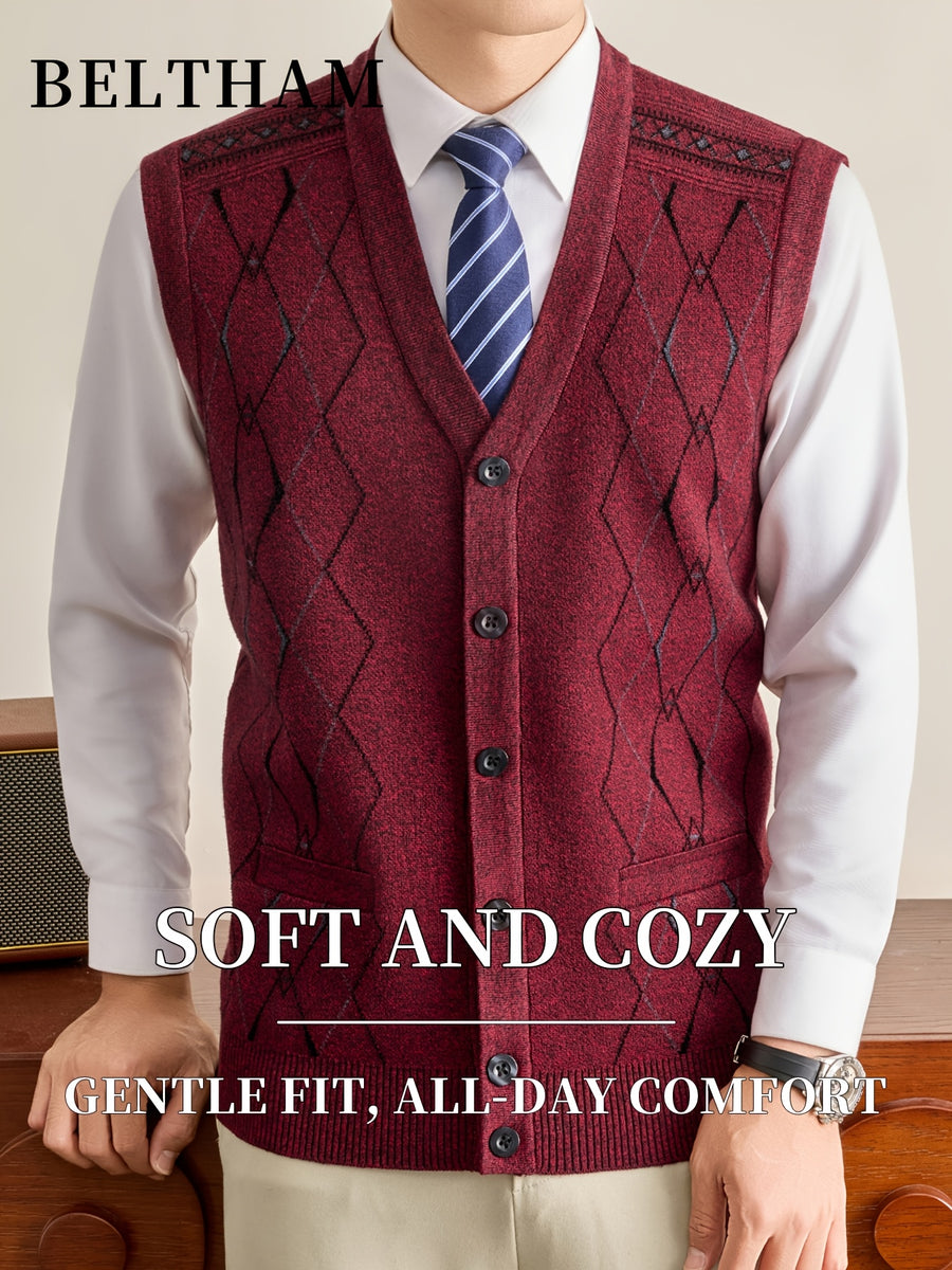 New Autumn Winter Men Thick Knit Vest, Ideal Gift for Dad And Husband, Knit Waistcoat with Pockets, Warm Cold Resistant Soft Comfortable Sweater Vest, Minimal Elegant Versatile Top for Daily Casual Business Sports Camping Wear - Red