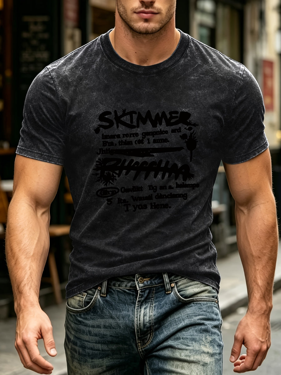 Vintage Dark Art Graffiti Print, Soft Comfortable Breathable Stretch Fit, Men'S Clothing Loose Knit Fabric, Short Sleeve Men'S Top, Washed Men'S Casual Round Neck T-Shirt, 100% Pre-Washed Durable Machine Washable - Black