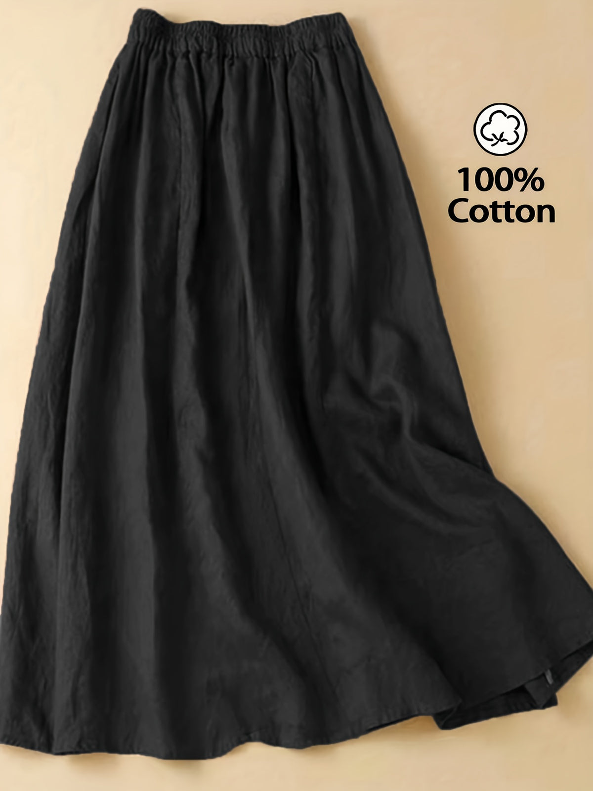 Women'S Solid Color Elegant Style Tie Skirt, Women'S Artistic Style Mid-Length Elastic Waist Skirt, Women'S Casual Solid Color Pure Comfortable Skirt with Invisible Pockets, Suitable for Daily Leisure, Commuting, Beach Vacation Wear - Black
